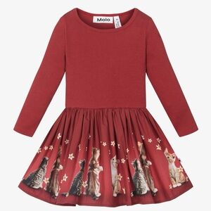 MOLO Burgundy Red Long-Sleeve Cat Kitten Print Dress Toddler Size 86 / 18 Months